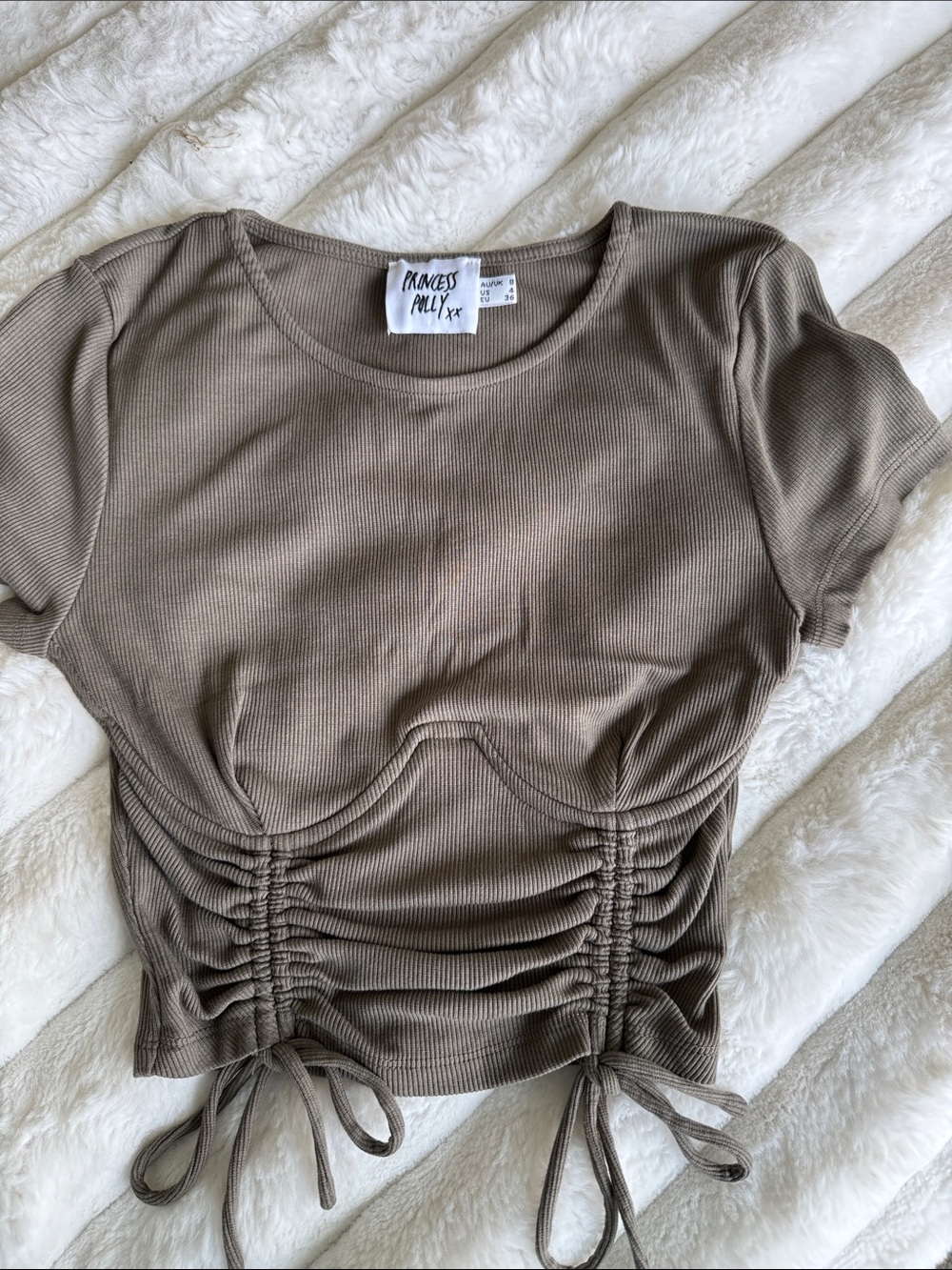 Princess Polly Taupe Ribbed Ruched Drawstring Crop Top